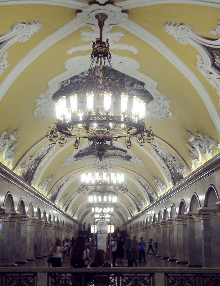 Ornate ceiling architecture inside Moscow's metro.