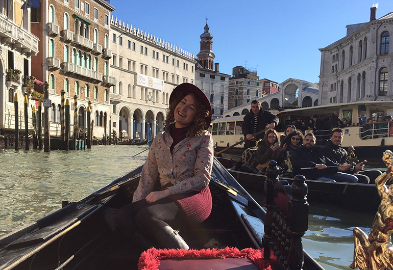 Mikaela on a gondola ride in Venice during Carnivale.