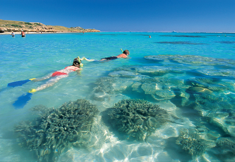 Students snorkeling in Ningaloo Marine Park, near Coral Bay in Australia.