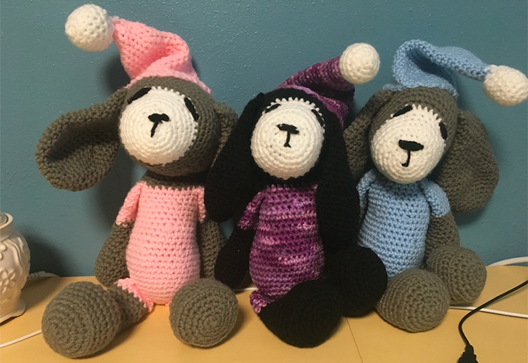 The three crocheted dogs Emily made for her host family's daughters.