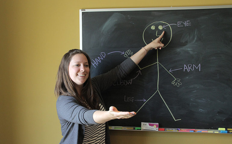 An English teacher at a chalkboard.