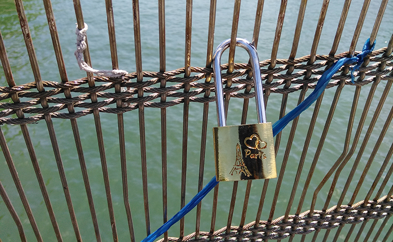 Love lock bridge along the Seine in Paris, France.