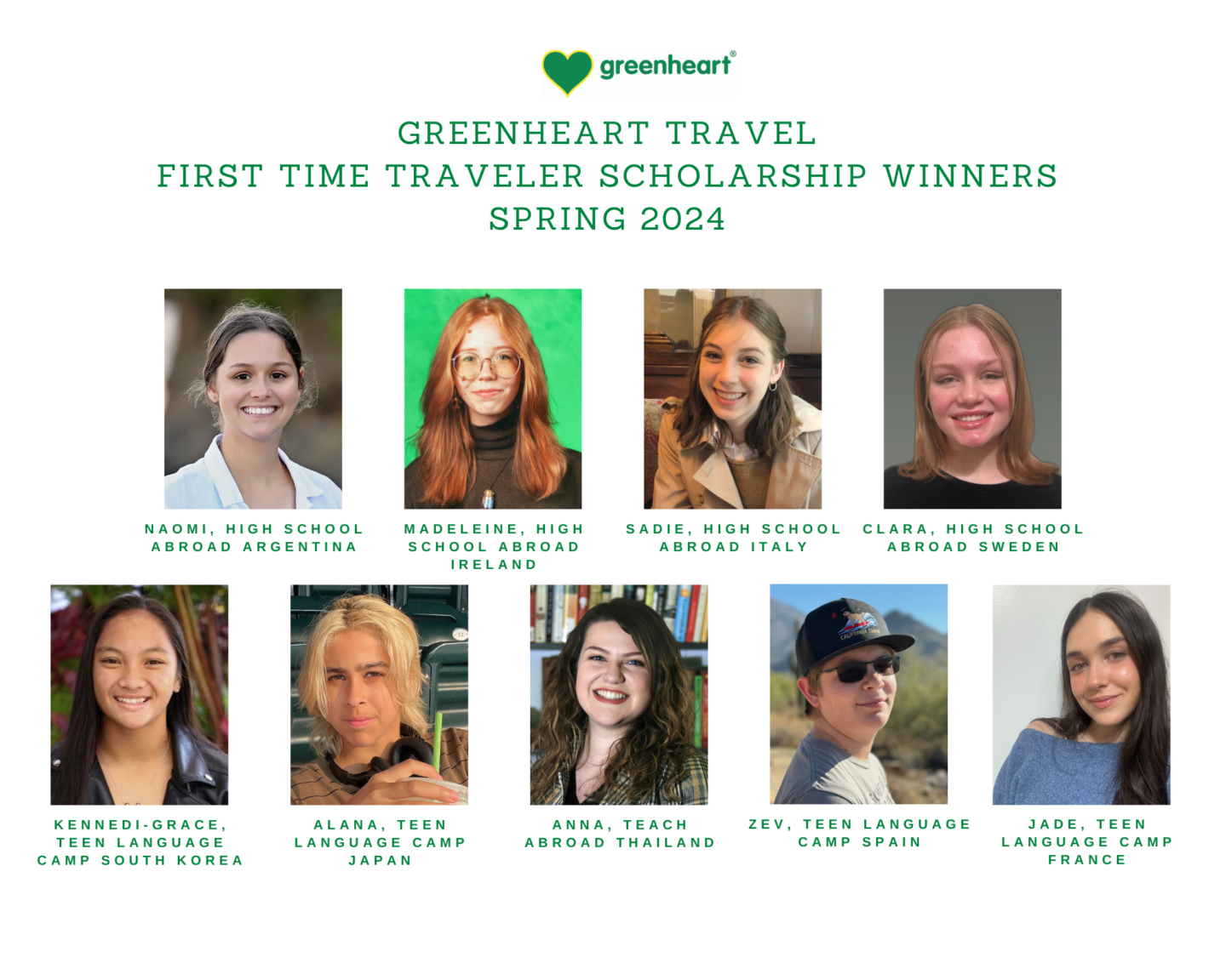 Greenheart’s First Time Traveler Scholarship Winners for Spring 2024!