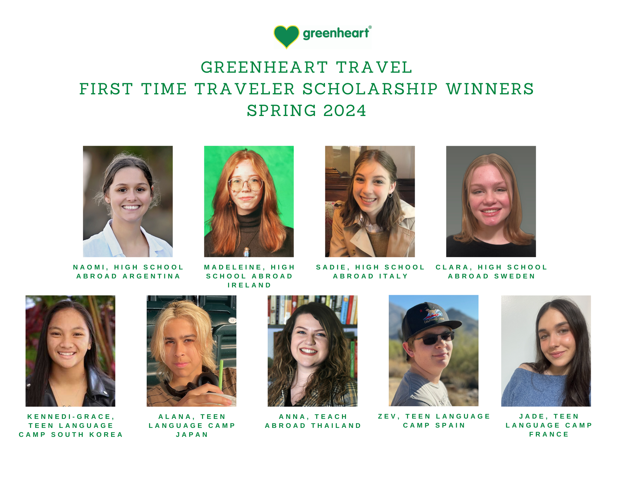 Greenheart’s First Time Traveler Scholarship Winners for Spring 2024!